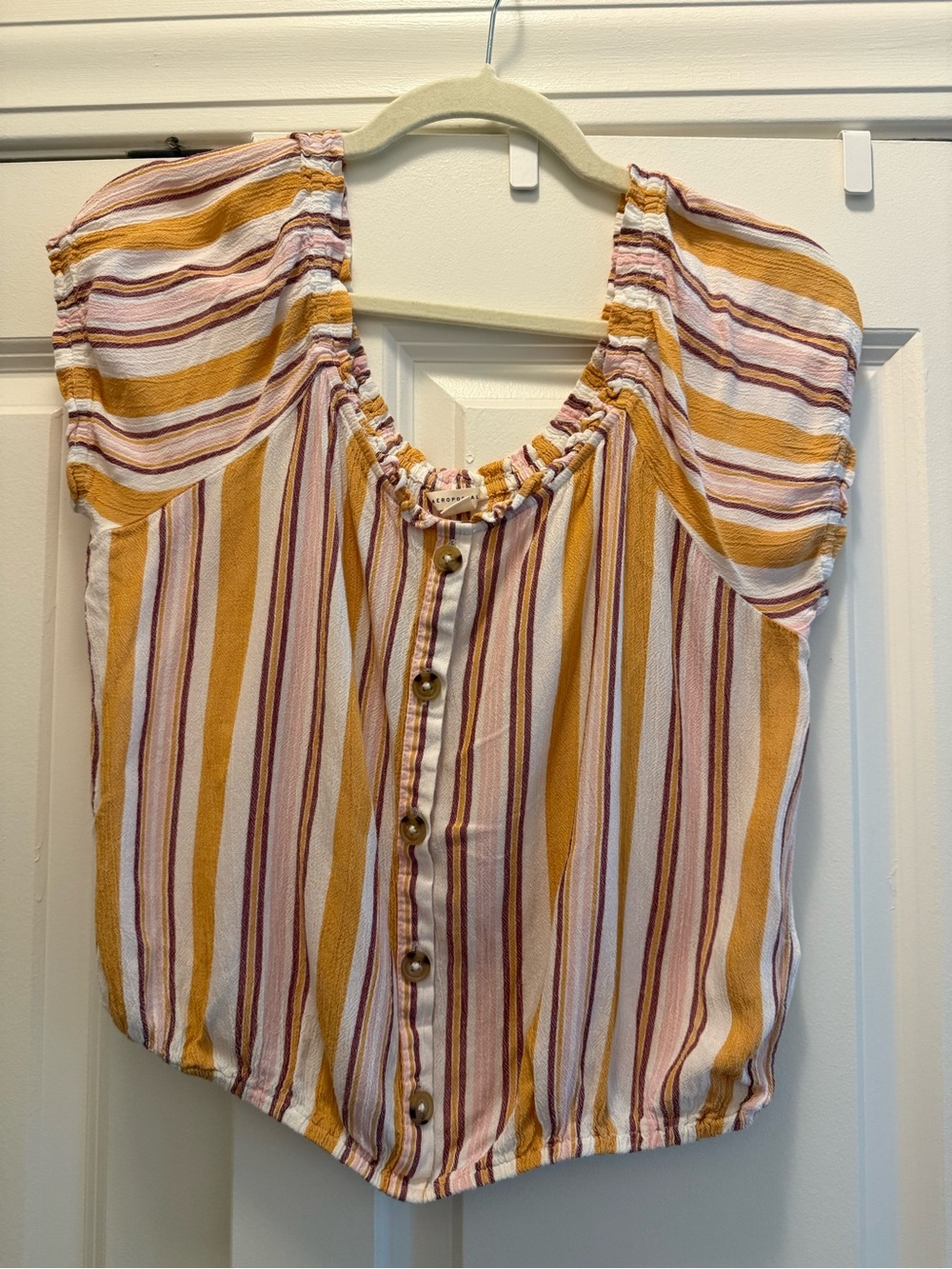 Aeropostale Striped Button-Front Top - Mustard, Pink & White